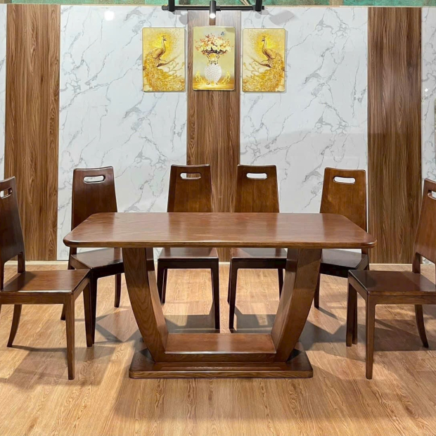 Bàn ăn gỗ sồi mẫu chân chỉ ghế chữ T lọt