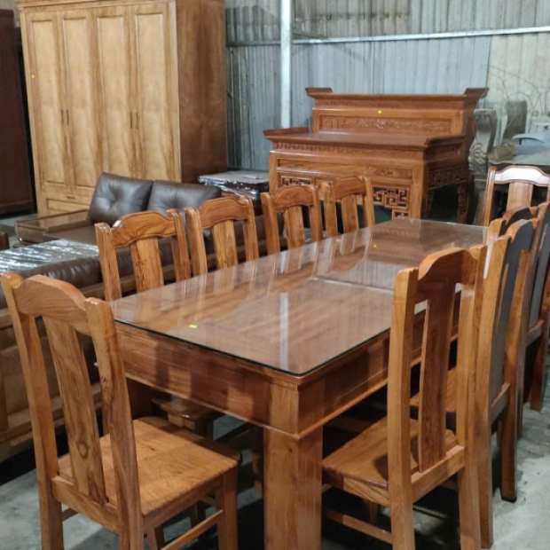 Bàn ăn chữ nhật gỗ hương đá 10 ghế