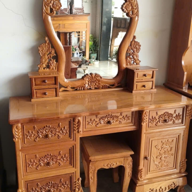 Bàn trang điểm gỗ gõ đỏ mẫu hoa lá tây 1.1m